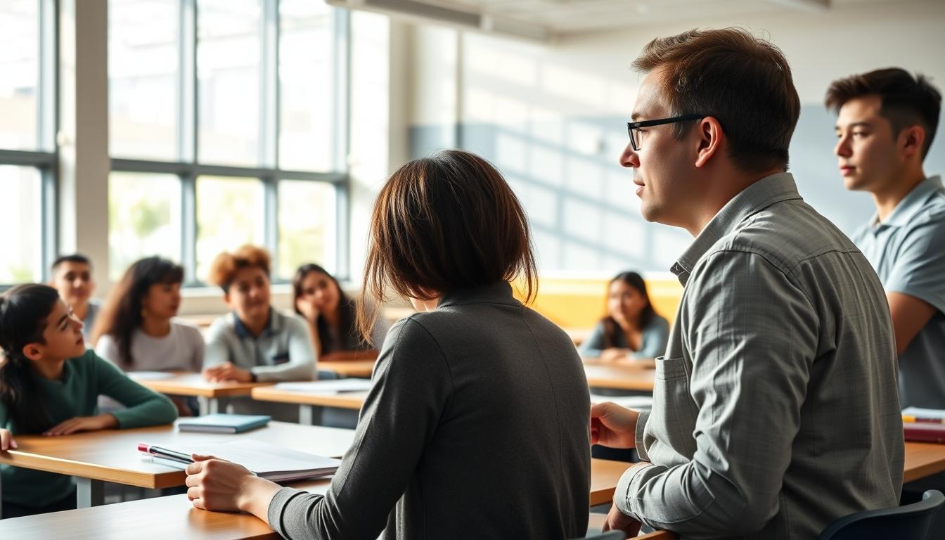 Students studying together in modern classroom